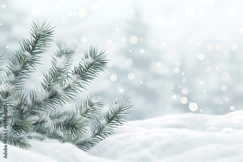 Poster a pine tree with snow on it is the main focus of the image