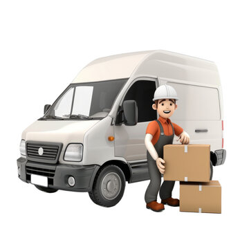 Charming 3D character loading packages into a delivery van on a white background