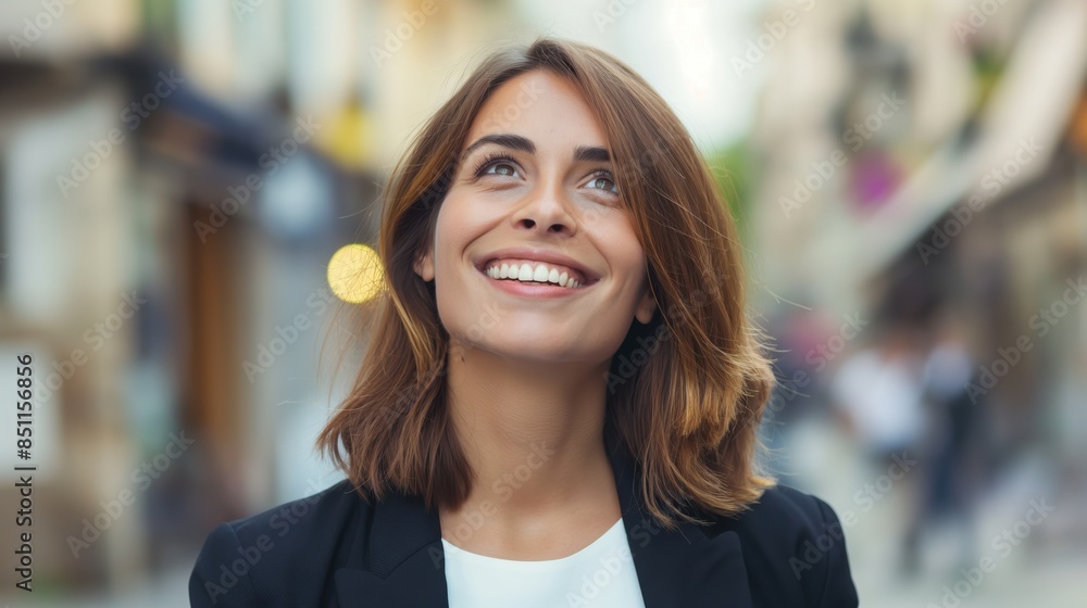 Wall mural Young very pretty smiling professional business woman, confident positive female entrepreneur standing outdoor on street, looking up	