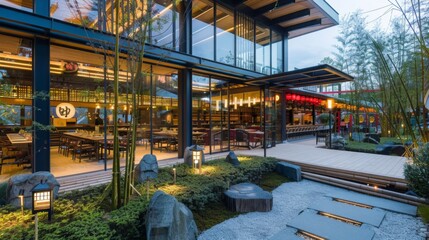 A serene and modern restaurant patio featuring a tranquil Japanese garden with stone pathways, lush greenery, and traditional lanterns.