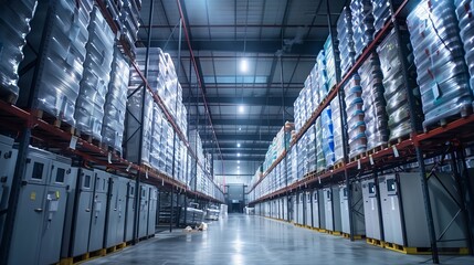 A cold storage warehouse features rows of shelves with neatly stacked goods, cooled by powerful freezers.