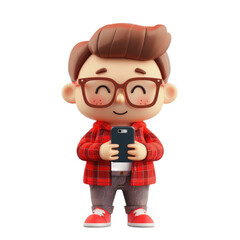 Fototapeta premium Charming 3D character using a smartphone on a white background