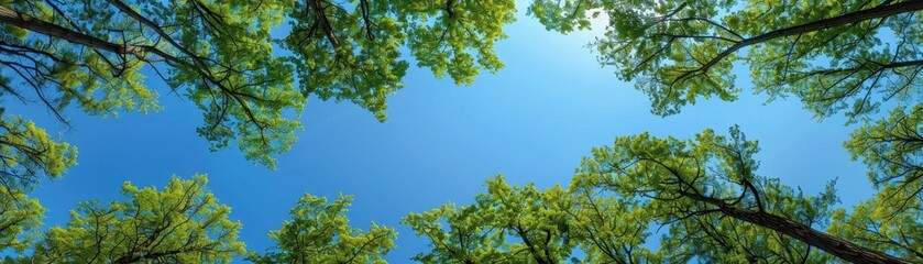 Obraz premium Looking Up at a Canopy of Green Trees Against a Blue Sky
