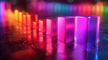 Vibrant 3D bar chart with neon colors representing statistical data visualization on a reflective surface, perfect for business and analytics presentations