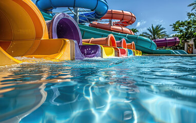 Vibrant water park with colorful slides and a refreshing pool, perfect for summer fun and family adventures under the bright sunny sky