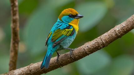 Obraz premium Gilt edged tanager Selective focus shot of a colorful gilt edged tanager bird eprched on a branch sitting tree forest background GENERATE AI, 