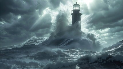 A lighthouse is in the middle of a stormy sea