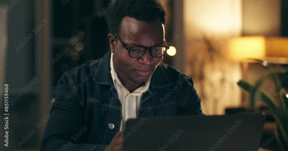 Poster deadline, laptop and night with business black man in office for problem solving or review. computer