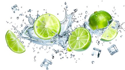 Lime Slice with Ice Cube and Water Splash, Isolated on White Background : Suitable for Be Used in Blog Posts, Social Media Posts or Website Content Related to Fruits and Vegetables.