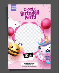 Birthday invitation card vector template design. Birthday party card with empty space for celebrant picture, cute bee and unicorn characters element for kids invitation template. Vector illustration  © Zeinous