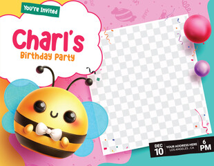 Birthday party invitation card vector template design. Birthday invitation card with empty blank space for boy celebrant picture and cute bee character. Vector illustration birthday card template.  
