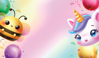 Birthday invitation card vector template. Birthday invitation card with blank empty space for greeting text with cute bee and lovely unicorn characters in colorful background.  Vector illustration 