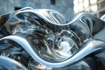 Urban sculpture with modern design, clean lines, metallic sheen, digital rendering