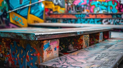 Obraz premium Urban skatepark with graffiti, vibrant colors, dynamic action, high contrast, photo realism
