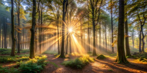 Morning sunlight streaming through misty forest