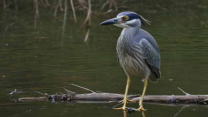 Fototapeta premium Yellow crowned night heron Closeup shot of a yellow-crowned night heron perched on a river sitting landscape tree background GENERATE AI, 