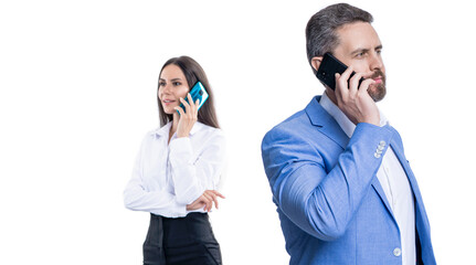 Phone call to colleague. Businesspeople talking on phone isolated on white. Businesspeople using phone for conversation. Business communication in office. Business negotiation call. Advertisement