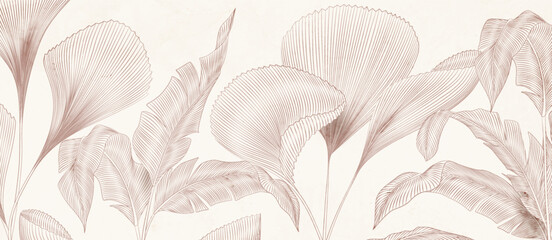 Botanical art background with hand drawn tropical plant leaves in line style. Vector banner for decor, print, wallpaper, poster, packaging, textile, interior design.