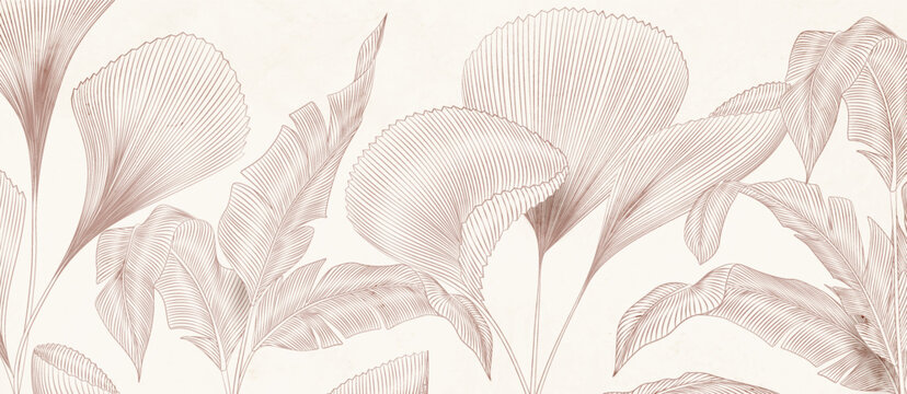 Botanical art background with hand drawn tropical plant leaves in line style. Vector banner for decor, print, wallpaper, poster, packaging, textile, interior design.