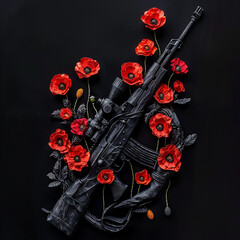 Black silhouette art of a soldier's rifle embellished with red poppies for Memorial Day.