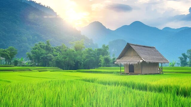 Pastoral Embrace: A Cozy Enclave Framed by Rice Fields and Majestic Mountains. Seamless looping time-lapse virtual 4k video animation background