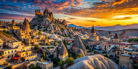 Cappadocia fairy chimneys and village at sunset