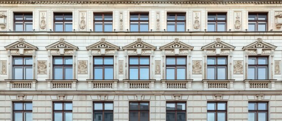 Naklejka premium apartment building's historic exterior boasts elegant windows that whisper tales of the city's past