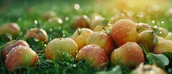 Fresh fruit sparkles with dew on vibrant grass, nature's morning beauty captured in dewdrops and sunlight.