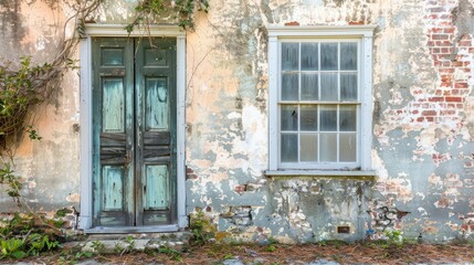 Fototapeta premium The rundown entrance and closed window of a historic 18th century tabby structure near the harbor in Darien GA