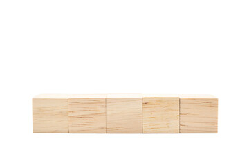 Five blank wooden blocks isolated on white background. Empty wooden cubes for text. Copy space and Clipping Path.