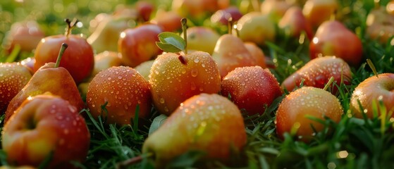 Fresh fruit sparkles with dew on vibrant grass, nature's morning beauty captured in dewdrops and sunlight.
