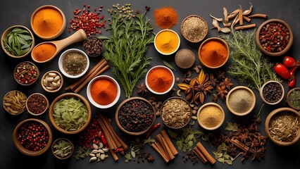 Top view of spices and herbs isolated against a background of food items, nutritious veggies, high vitamin and fiber content generated by ai