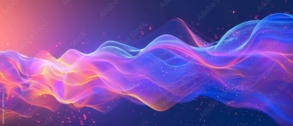 Poster abstract illustrations of light and smoke waves in blue and black, creating dynamic patterns and tex