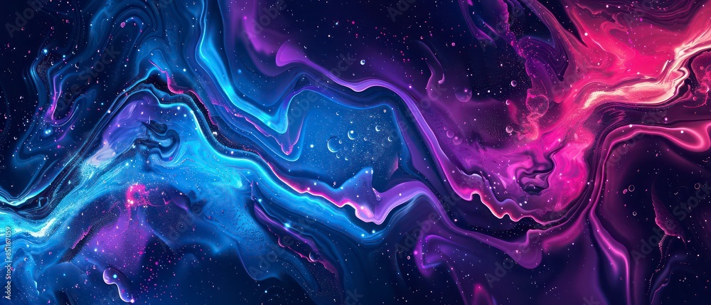 Poster abstract illustrations of light and smoke waves in blue and black, creating dynamic patterns and tex