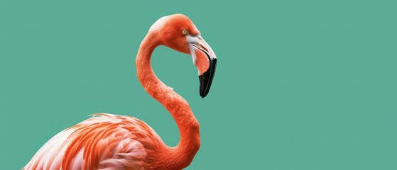 Obraz premium A pink flamingo with an elegant neck and striking beak, standing in water, showcasing its beauty and grace in a tropical wildlife setting