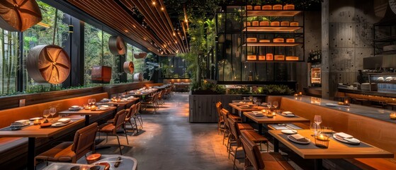 A stylish restaurant, featuring well-appointed tables and chairs, offering guests a sophisticated setting for dinner and fine dining