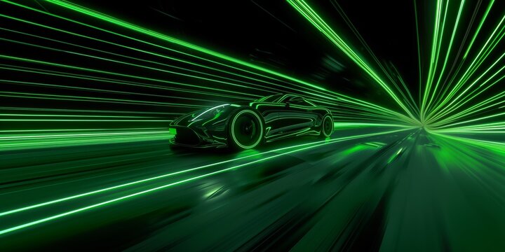 Futuristic electric sports car driving with high speed graphic speed lines through a tunnel in glowing green neon on dark background.. In Iron Style. Generative AI - Powered by Adobe