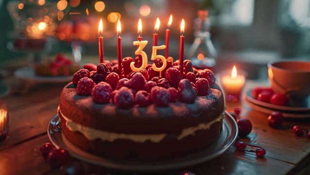 This chocolate cake with white frosting and raspberries topped with lit candles for a 35th birthday.