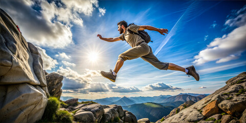 Man jumping across rocks on mountain peak under blue sky