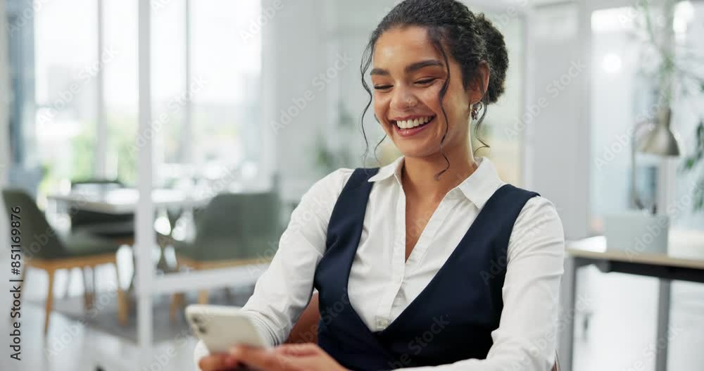 Poster happy, business woman and smartphone in office typing text for social media post and online communic