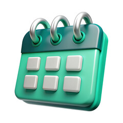 Mint Green Calendar Icon: A simple and modern 3D rendering of a calendar icon in a refreshing mint green color, perfect for showcasing organization, time management, and scheduling.  
