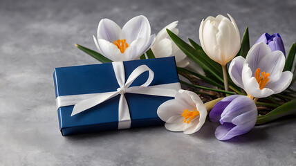 Small luxury gift box with a blue bow and heart, labeled "Dad". White crocus flowers. Perfect for Father's Day or his birthday. Festive sale.