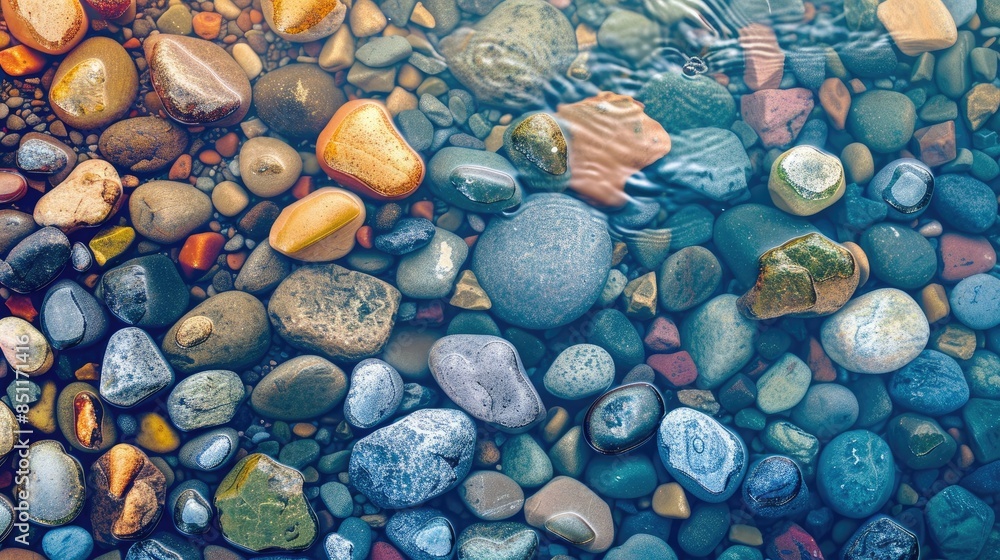 Poster multicolored pebbles in riverbed with space for text