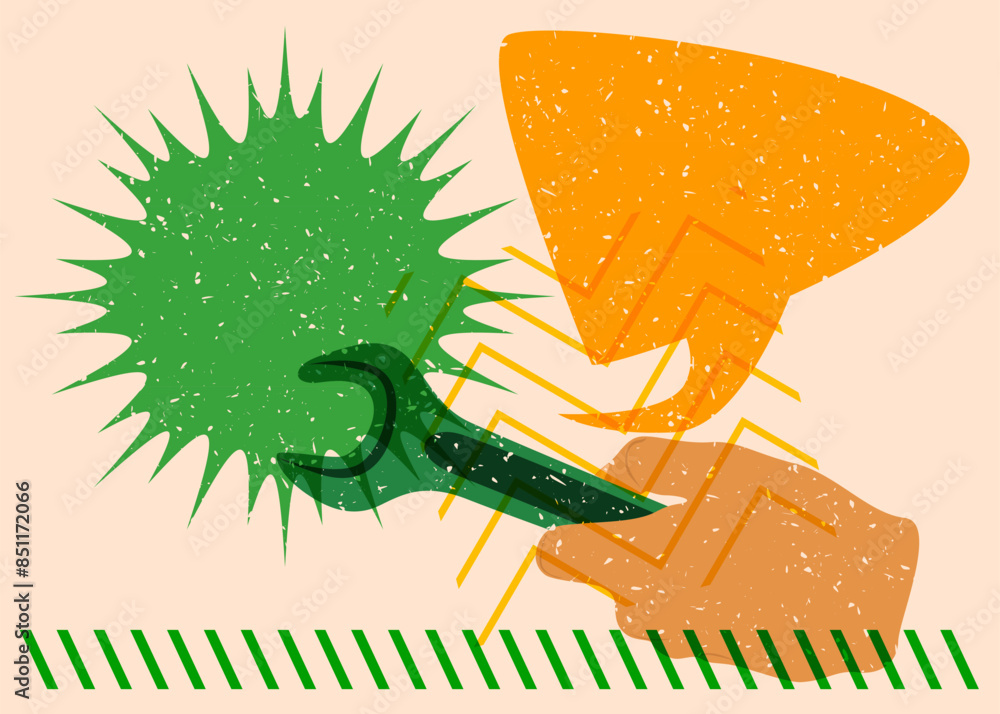 Poster risograph wrench with speech bubble with geometric shapes. objects in trendy riso graph print textur