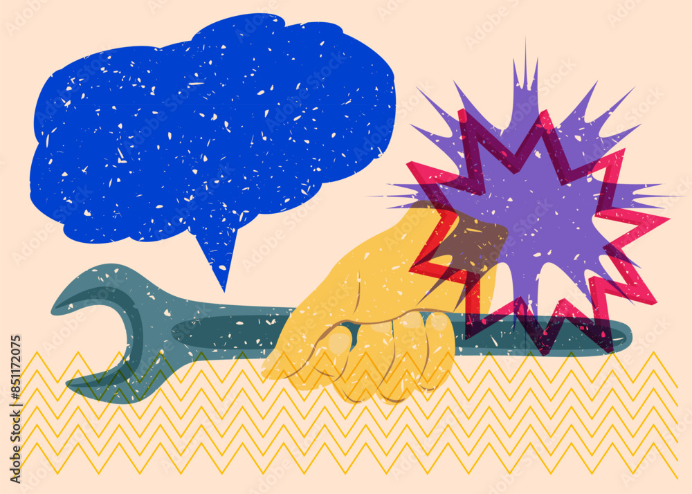 Poster risograph wrench with speech bubble with geometric shapes. objects in trendy riso graph print textur