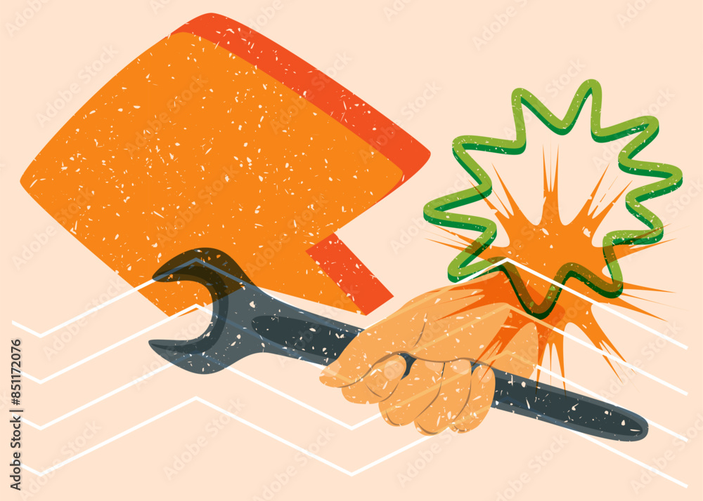 Poster risograph wrench with speech bubble with geometric shapes. objects in trendy riso graph print textur