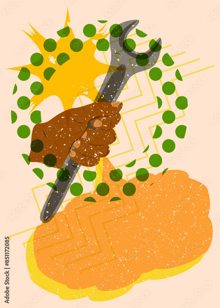 Poster risograph wrench with speech bubble with geometric shapes. objects in trendy riso graph print textur