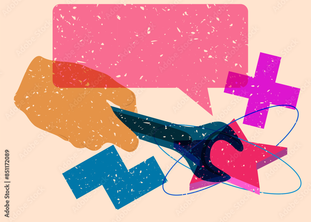 Poster risograph wrench with speech bubble with geometric shapes. objects in trendy riso graph print textur
