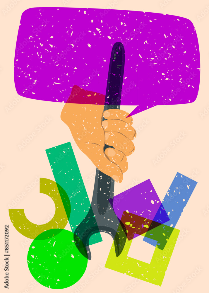 Poster risograph wrench with speech bubble with geometric shapes. objects in trendy riso graph print textur