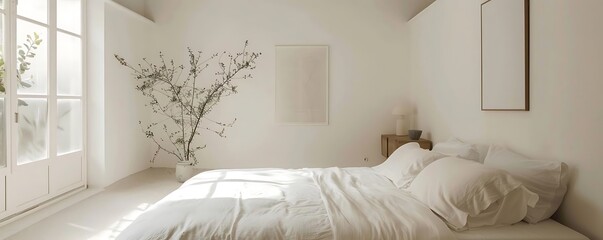 minimalist bedroom with a white bed adorned with pillows, a small lamp, and a white window against a white wall